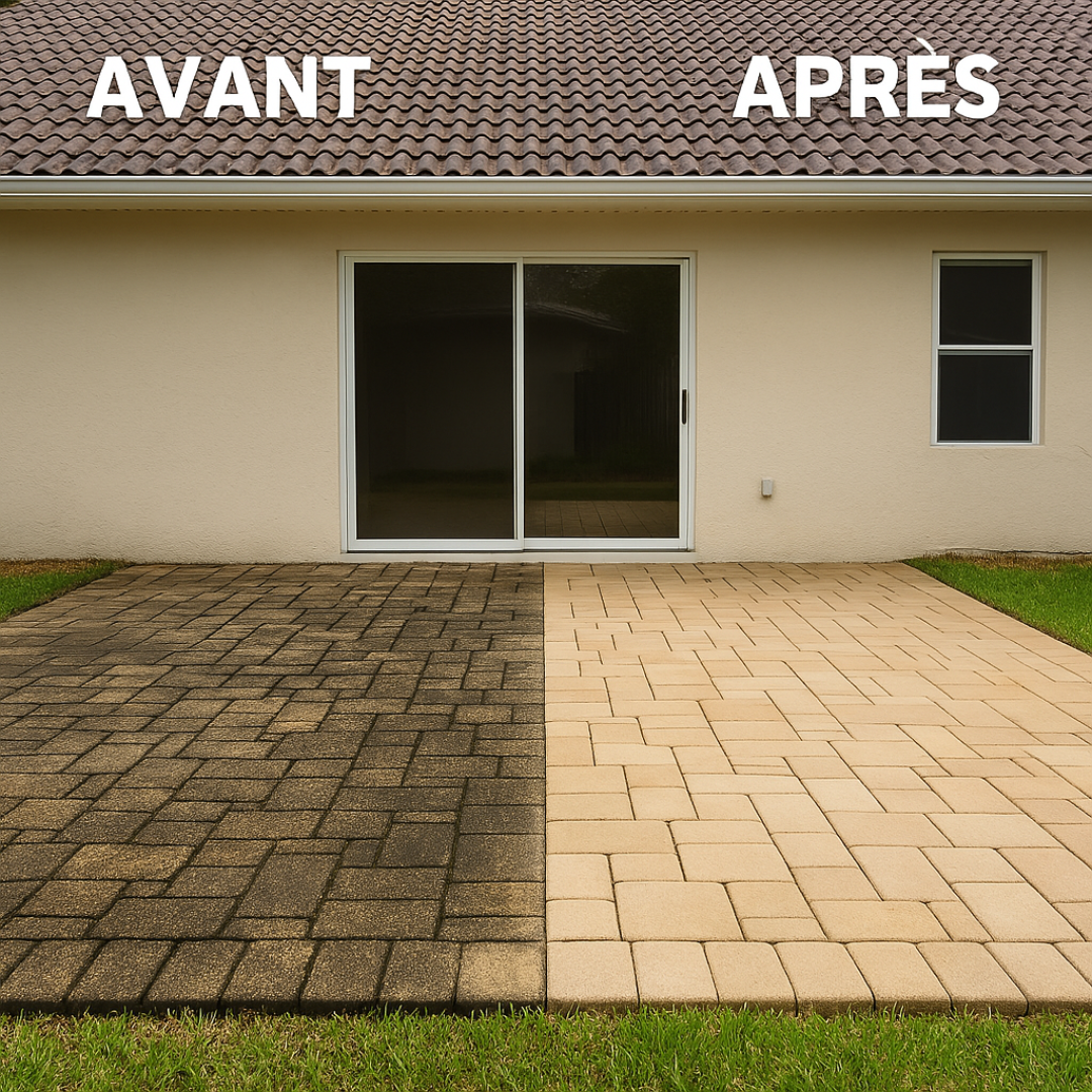 Nettoyage de sols extérieurs et façades - GL Services 68 avant/après nettoyage sol